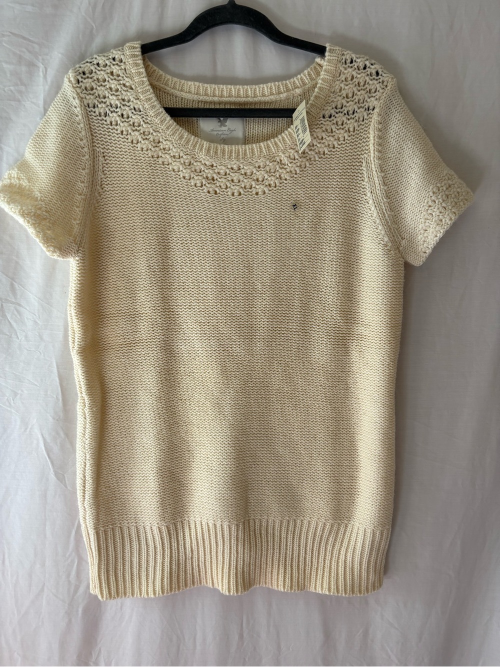 American Eagle Outfitters Cream Short-Sleeve Knit Sweater with Lace Yoke